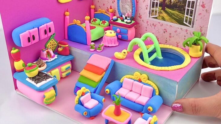 DIY Miniature House ❤️ Amazing Pink Bedroom, swimming pool, kitchen from Polymer Clay & Cardboard