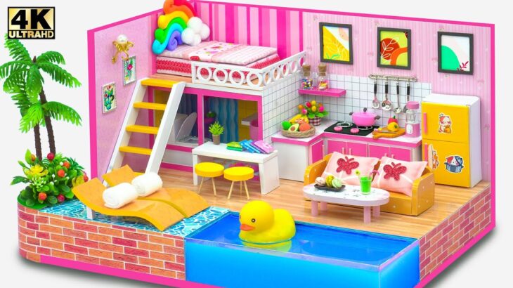 DIY Miniature House #55 ❤️ Pink & Yellow with Bedroom, Kitchen, Living Room, Bathroom and Mega Pool