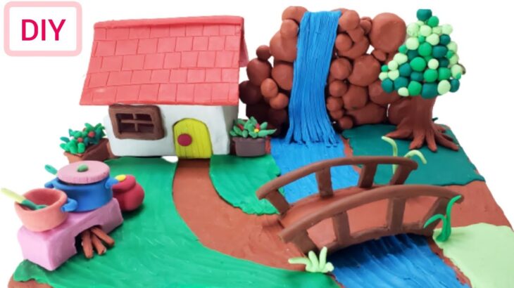 DIY how to make miniature clay house , polymerclay kitchen set, bridge,waterfall 粘土ハウスとキッチンセットの作り方
