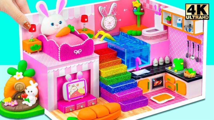 (Craft) Make Cute Bunny Cardboard House with Pink Bedroom, Bathroom, Kitchen ❤️ DIY Miniature House