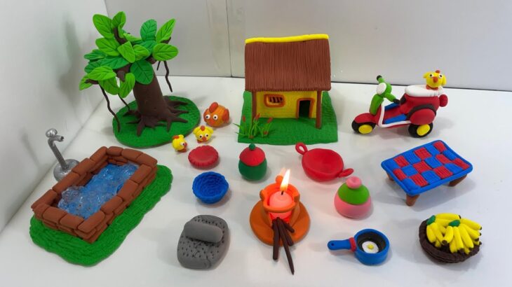 DIY How to make polymer clay miniature Kitchen Set, House, Scooter, Water Well, Tree l Mini Village