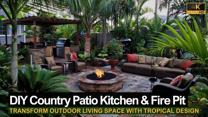 Transform Outdoor Living Space: DIY Country Patio Kitchen and Fire Pit Revamp with Tropical Design